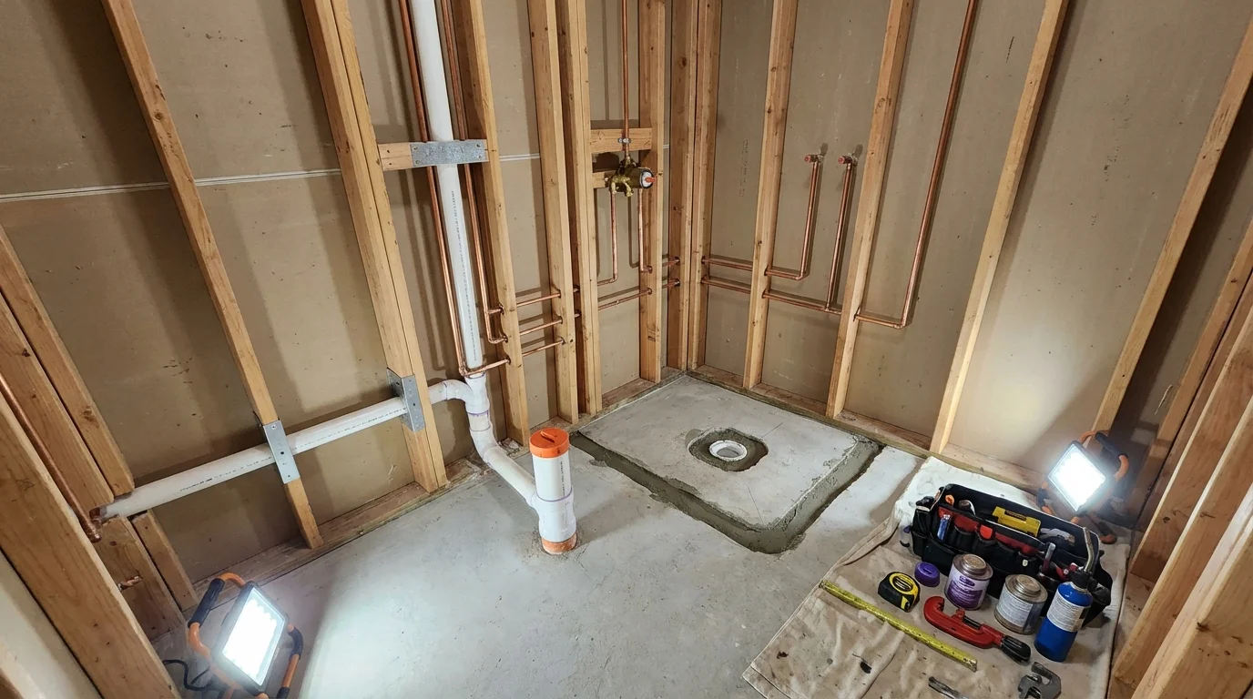 Bathroom rough-in plumbing during remodel by Johns Plumbing LLC in Ravena
