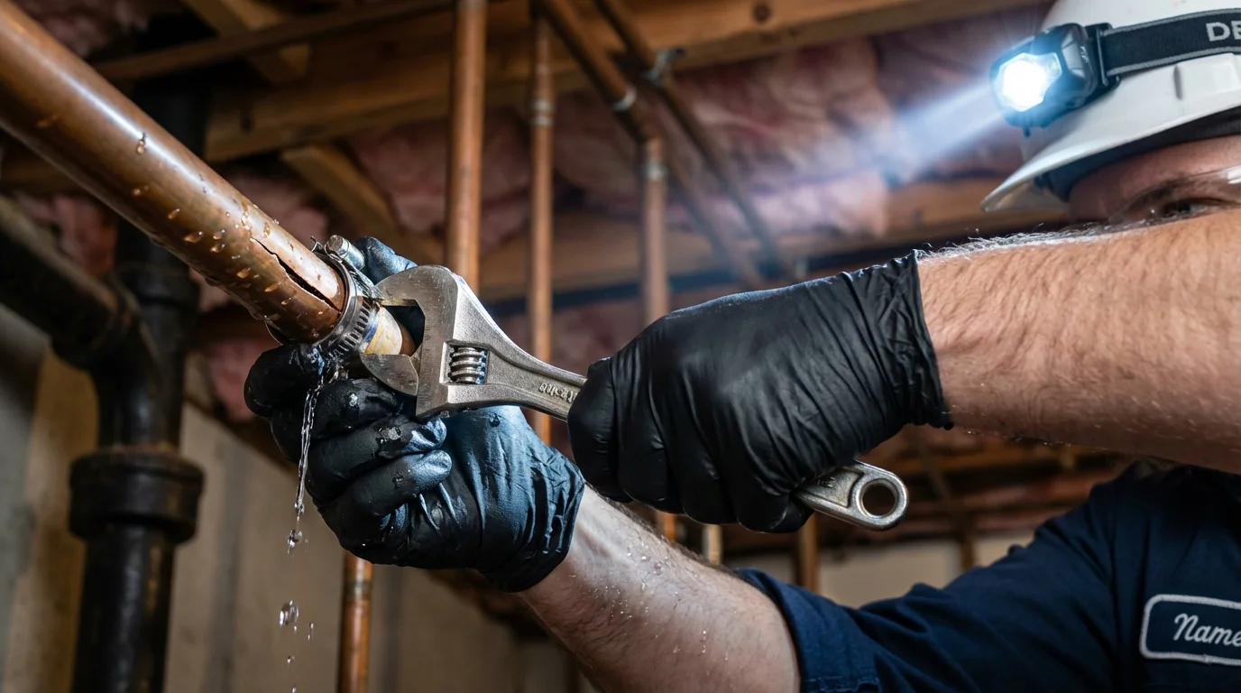Emergency pipe clamp repair being performed by a Johns Plumbing LLC plumber in Ravena