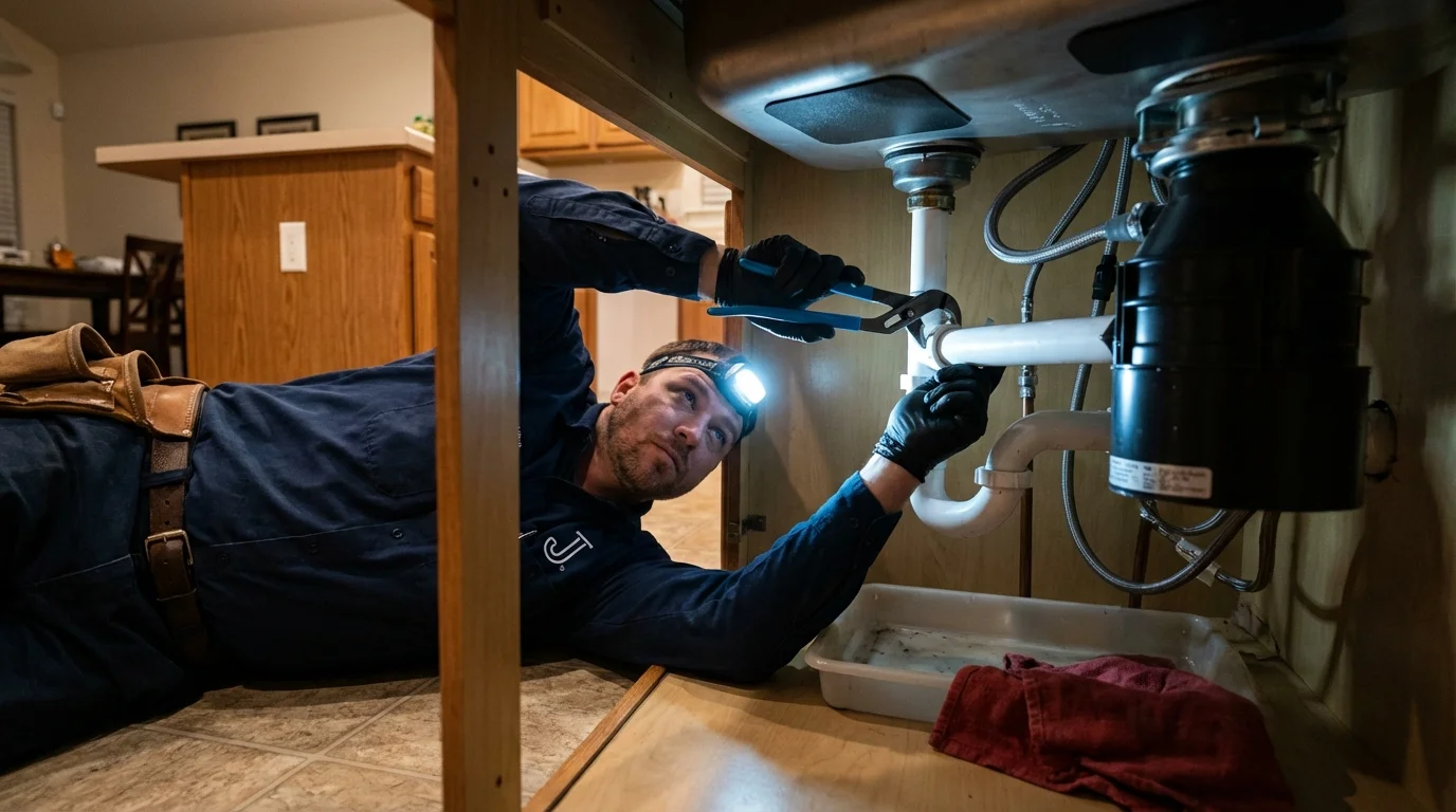 P-trap and supply line connections under a kitchen sink showing a common leak point in Ravena, NY